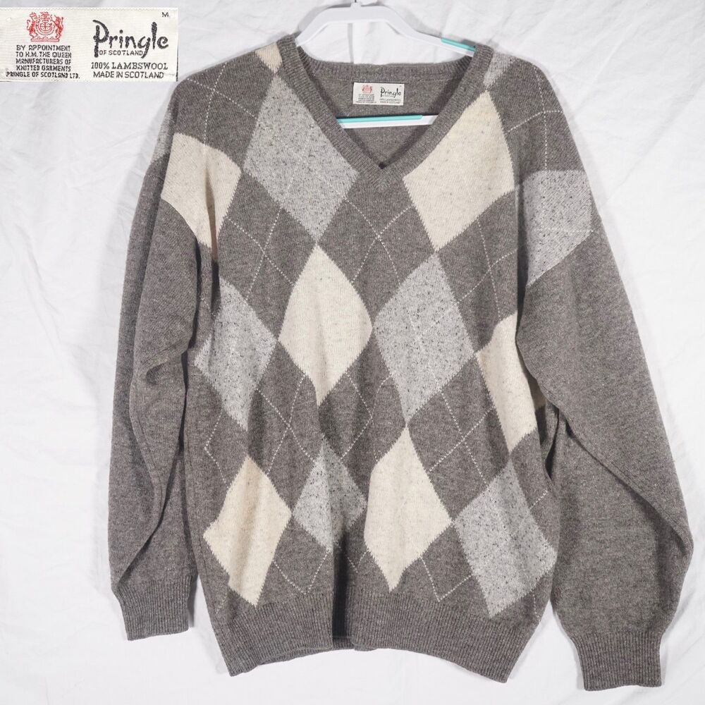 Pringle Scotland Argyle V-Neck Sweater Grey White Scottish Lambswool Mens Medium
